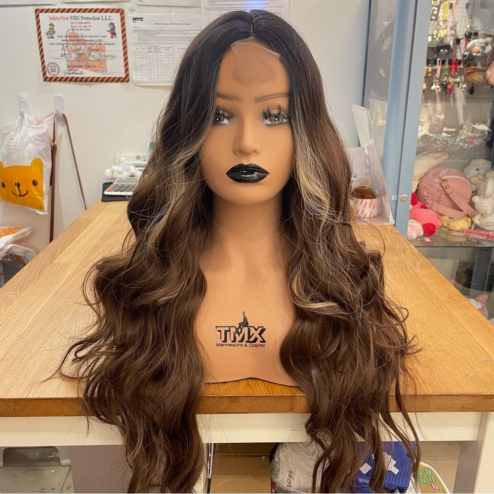 - Human hair blend lace front brown/blonde highlights wavy wig